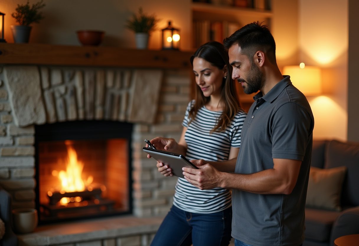 Technician showing a camera inspection beside a stone fireplace — Lakewood